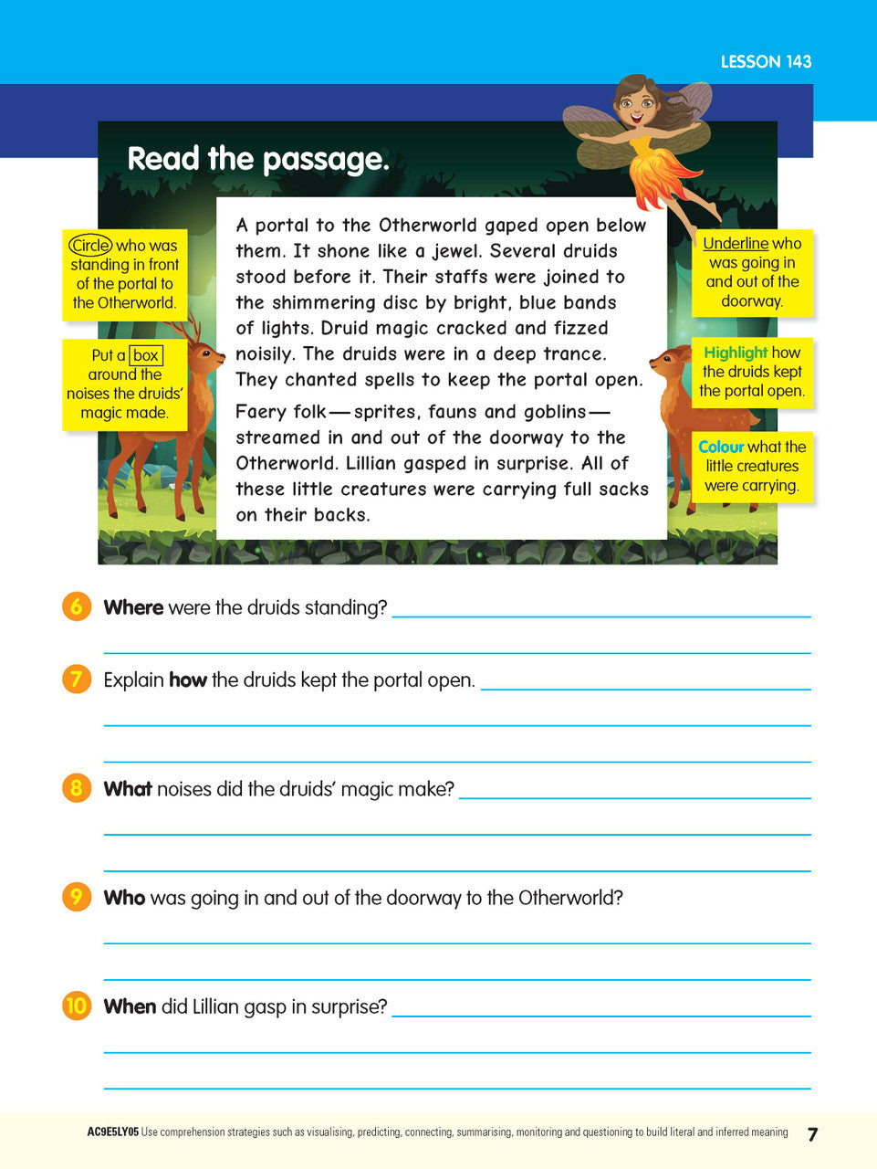 Sample interior page from the ABC Reading Eggspress Comprehension and Grammar Workbook Year 5, showing lesson activities and questions