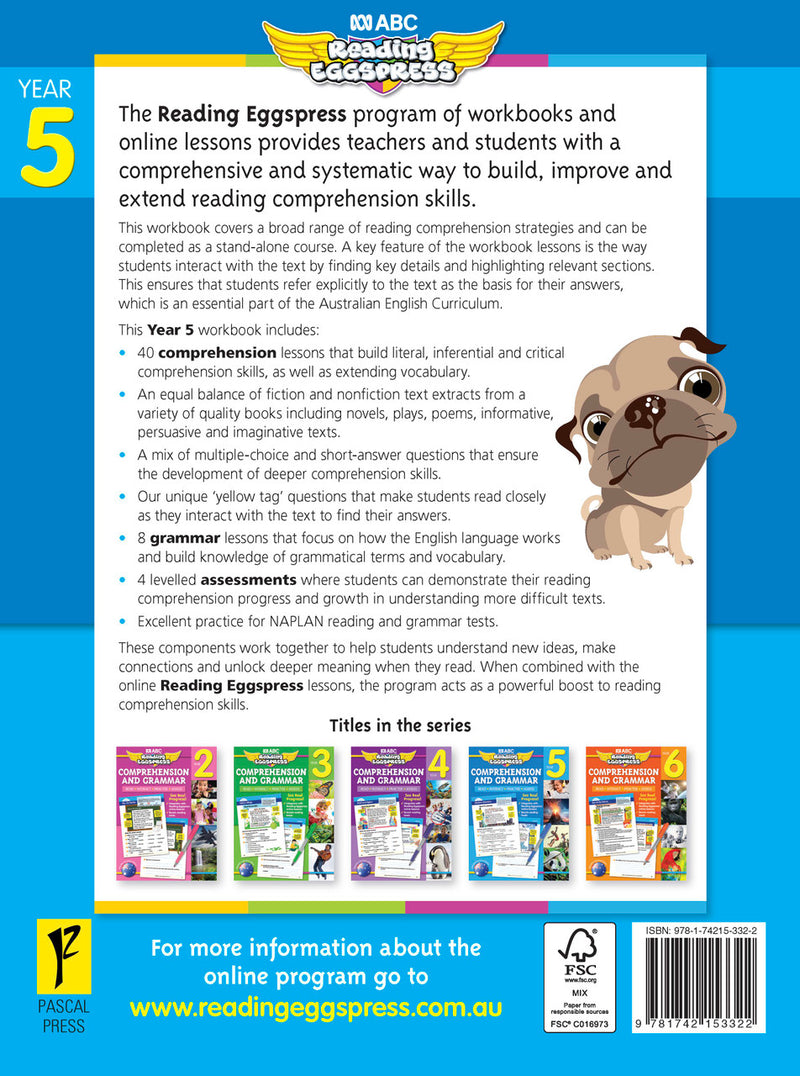 Sample interior page from the ABC Reading Eggspress Comprehension and Grammar Workbook Year 5, showing lesson activities and questions