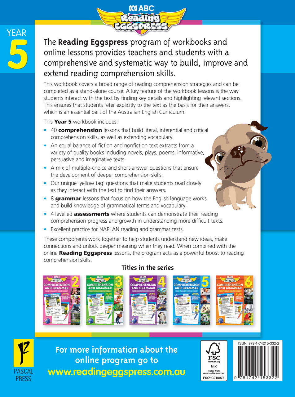 Sample interior page from the ABC Reading Eggspress Comprehension and Grammar Workbook Year 5, showing lesson activities and questions