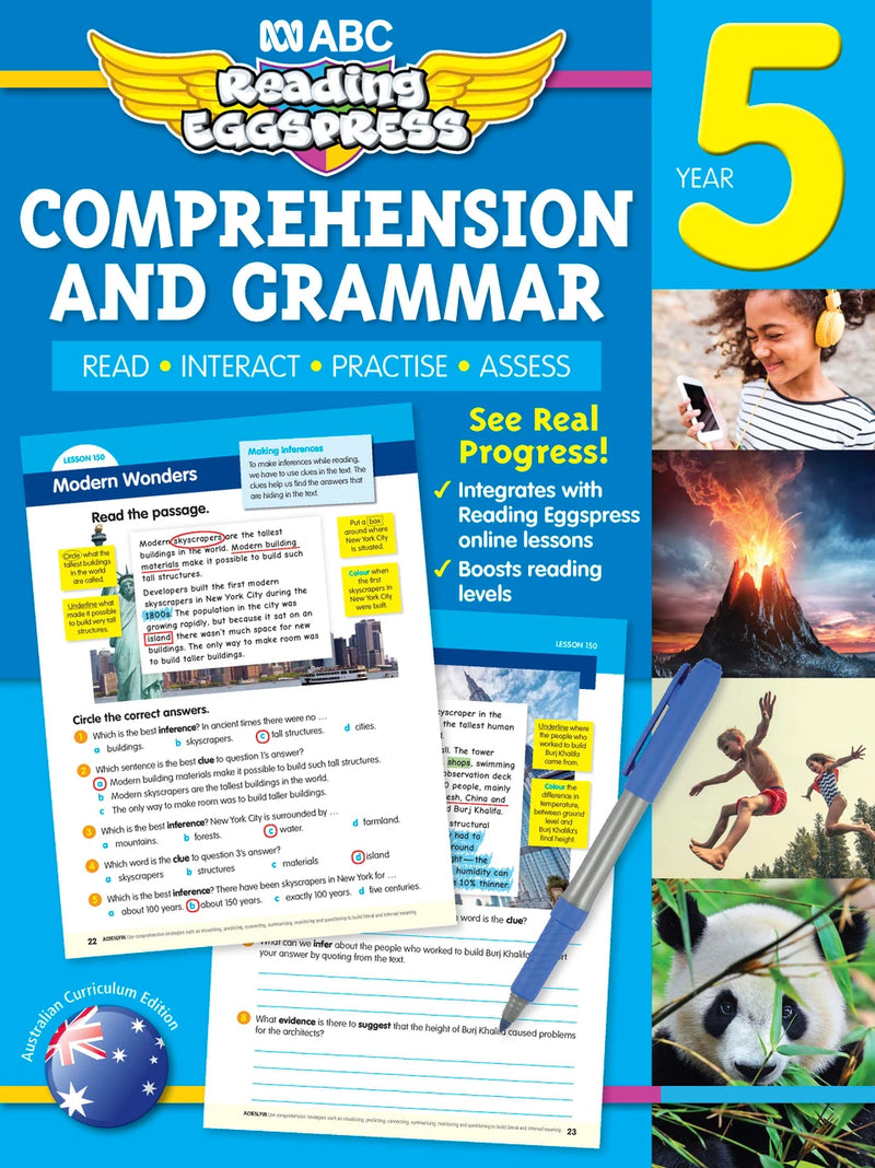 Front cover of the ABC Reading Eggspress Comprehension and Grammar Workbook for Year 5, showing the series branding and title