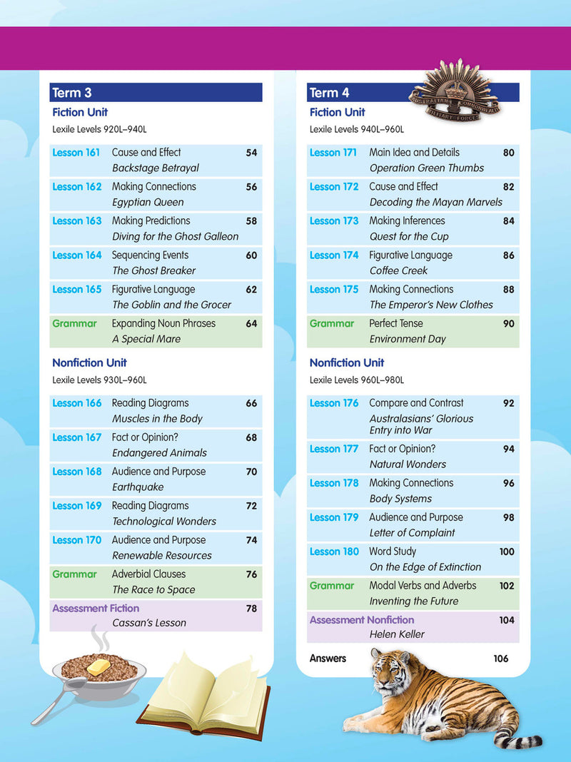 Sample interior page from the ABC Reading Eggspress Comprehension and Grammar Workbook Year 5, showing lesson activities and questions