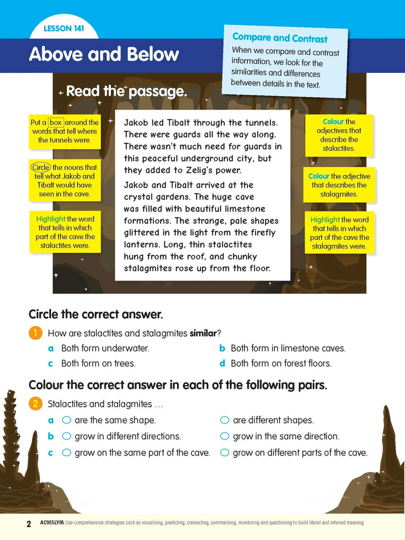 Sample interior page from the ABC Reading Eggspress Comprehension and Grammar Workbook Year 5, showing lesson activities and questions