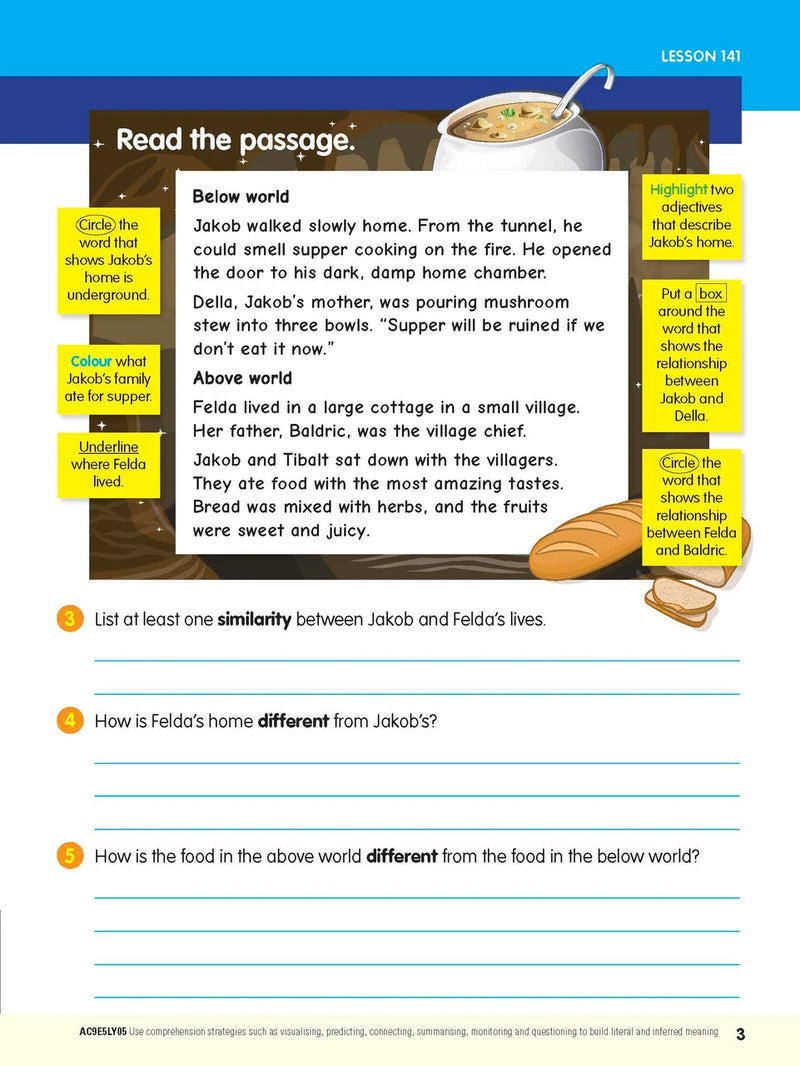 Sample interior page from the ABC Reading Eggspress Comprehension and Grammar Workbook Year 5, showing lesson activities and questions