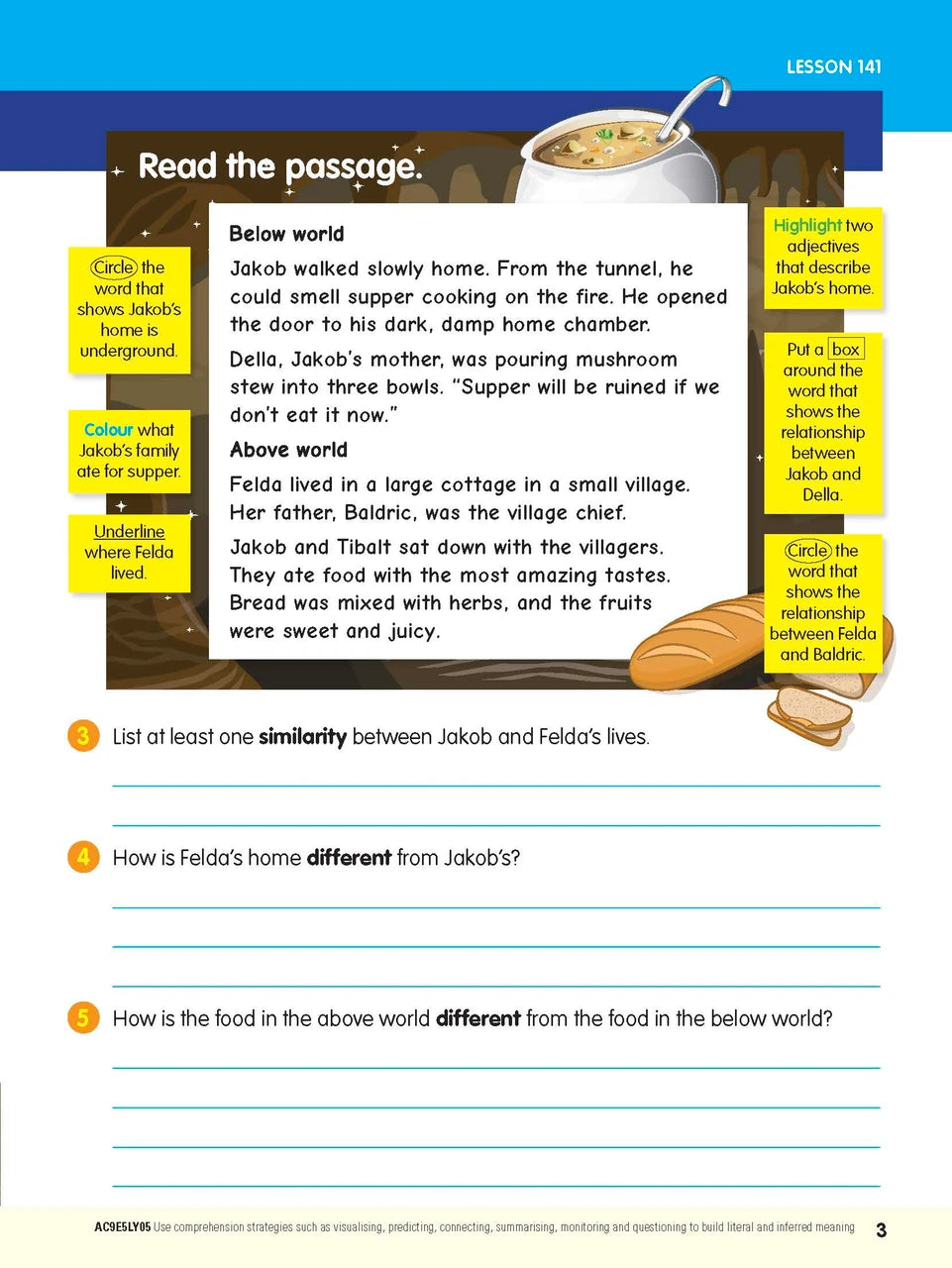Sample interior page from the ABC Reading Eggspress Comprehension and Grammar Workbook Year 5, showing lesson activities and questions