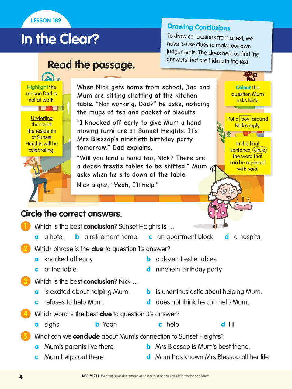 Sample interior page from the ABC Reading Eggspress Comprehension and Grammar Workbook Year 6, showing lesson activities and questions