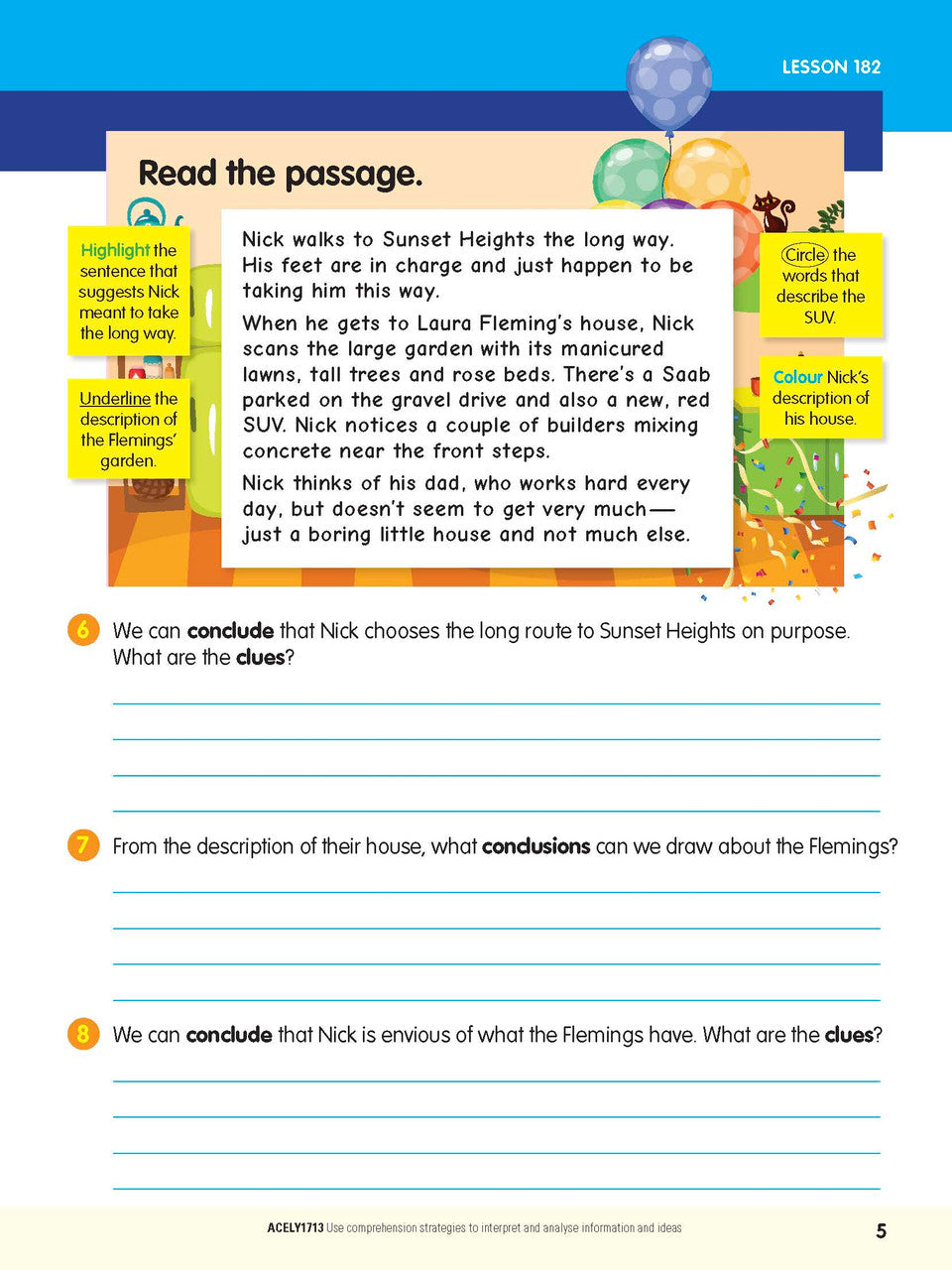 Sample interior page from the ABC Reading Eggspress Comprehension and Grammar Workbook Year 6, showing lesson activities and questions