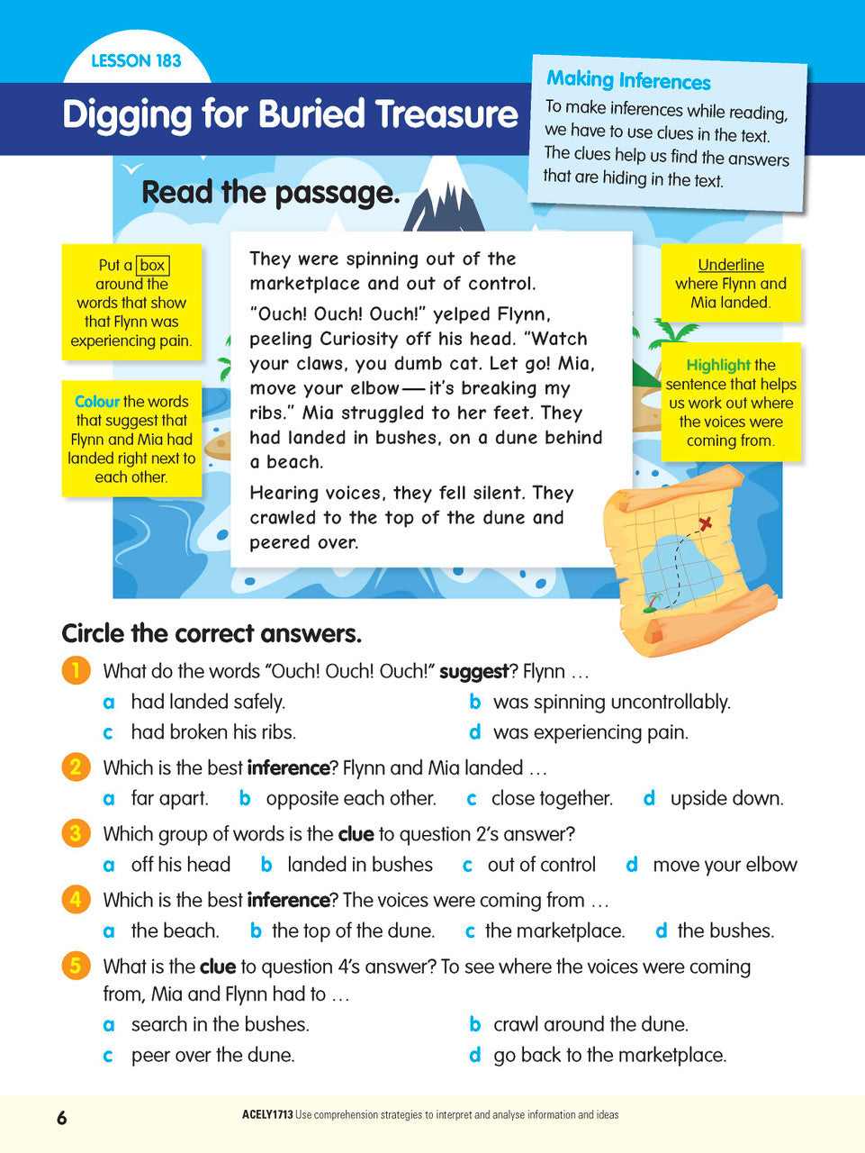 Sample interior page from the ABC Reading Eggspress Comprehension and Grammar Workbook Year 6, showing lesson activities and questions