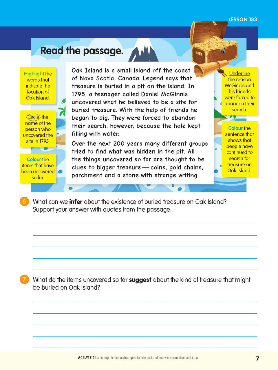 Sample interior page from the ABC Reading Eggspress Comprehension and Grammar Workbook Year 6, showing lesson activities and questions