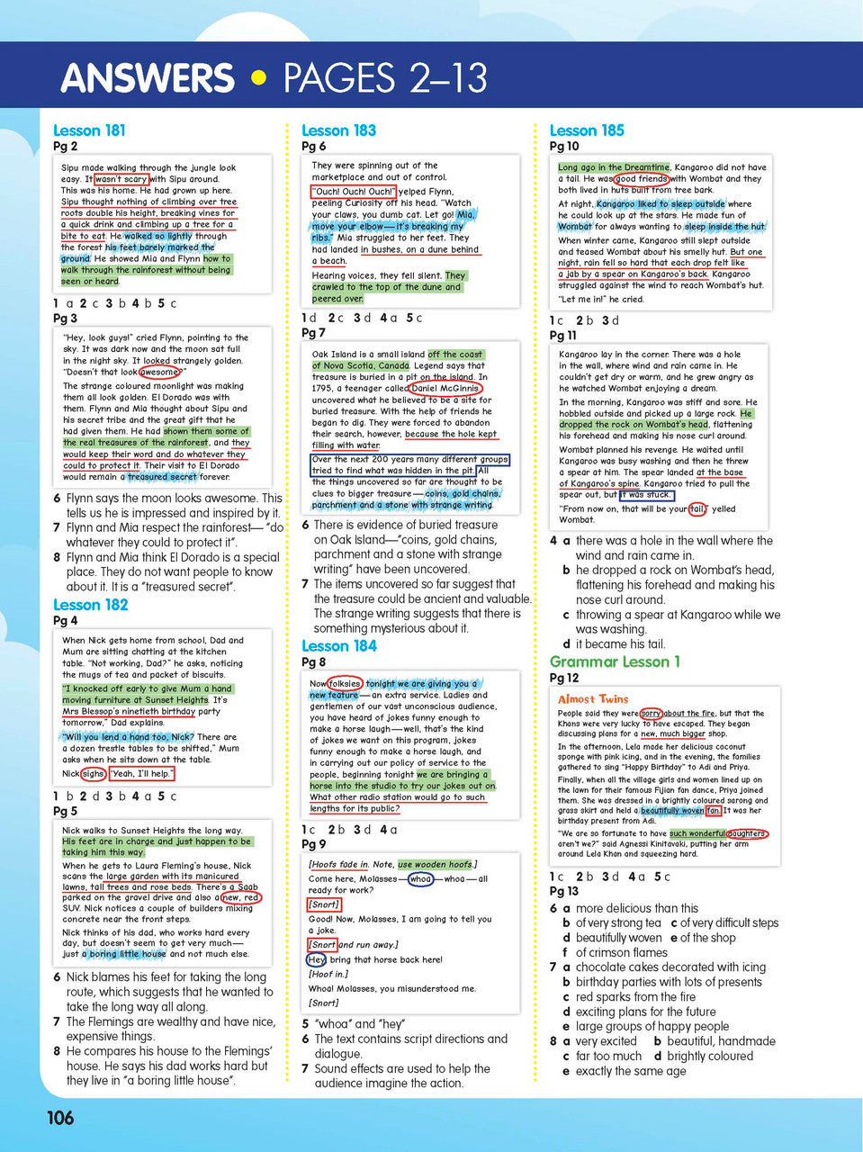 Sample interior page from the ABC Reading Eggspress Comprehension and Grammar Workbook Year 6, showing lesson activities and questions