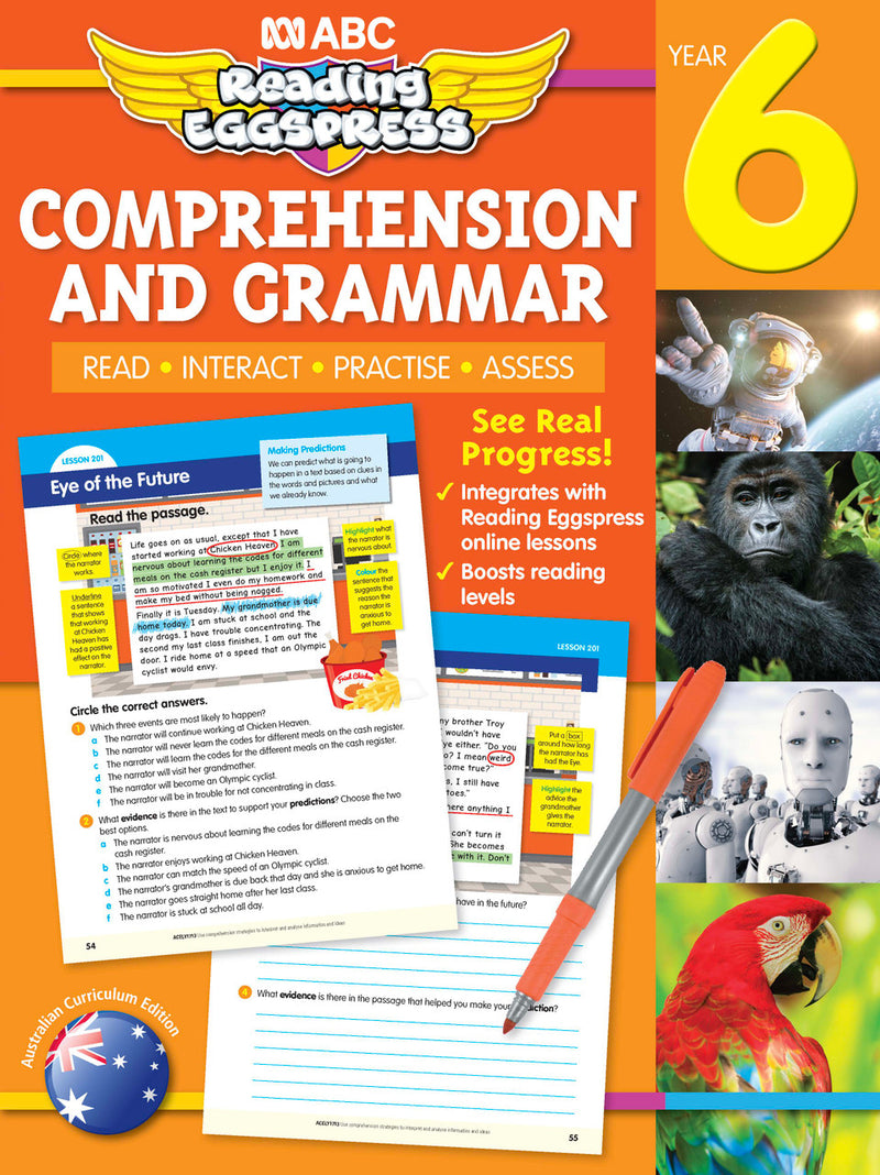 Front cover of the ABC Reading Eggspress Comprehension and Grammar Workbook for Year 6, showing the series branding and title
