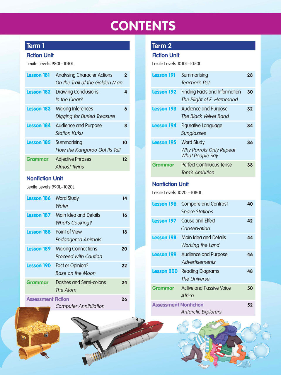Sample interior page from the ABC Reading Eggspress Comprehension and Grammar Workbook Year 6, showing lesson activities and questions