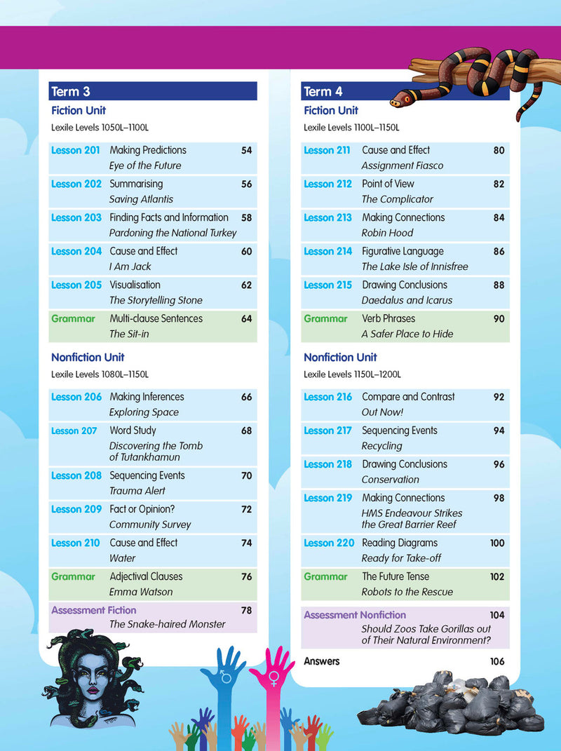 Sample interior page from the ABC Reading Eggspress Comprehension and Grammar Workbook Year 6, showing lesson activities and questions
