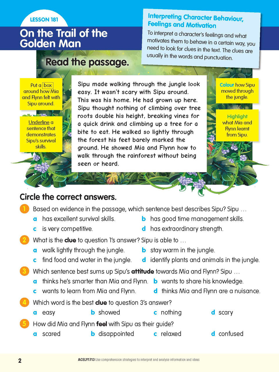 Sample interior page from the ABC Reading Eggspress Comprehension and Grammar Workbook Year 6, showing lesson activities and questions