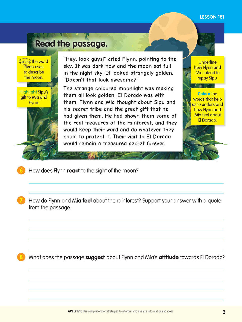 Sample interior page from the ABC Reading Eggspress Comprehension and Grammar Workbook Year 6, showing lesson activities and questions