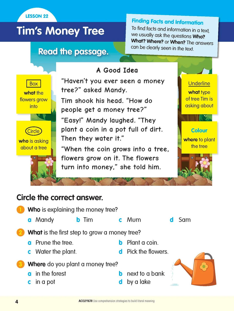 Sample practice page from the ABC Reading Eggspress Comprehension and Grammar Year 2 workbook, showing full-colour lesson activities