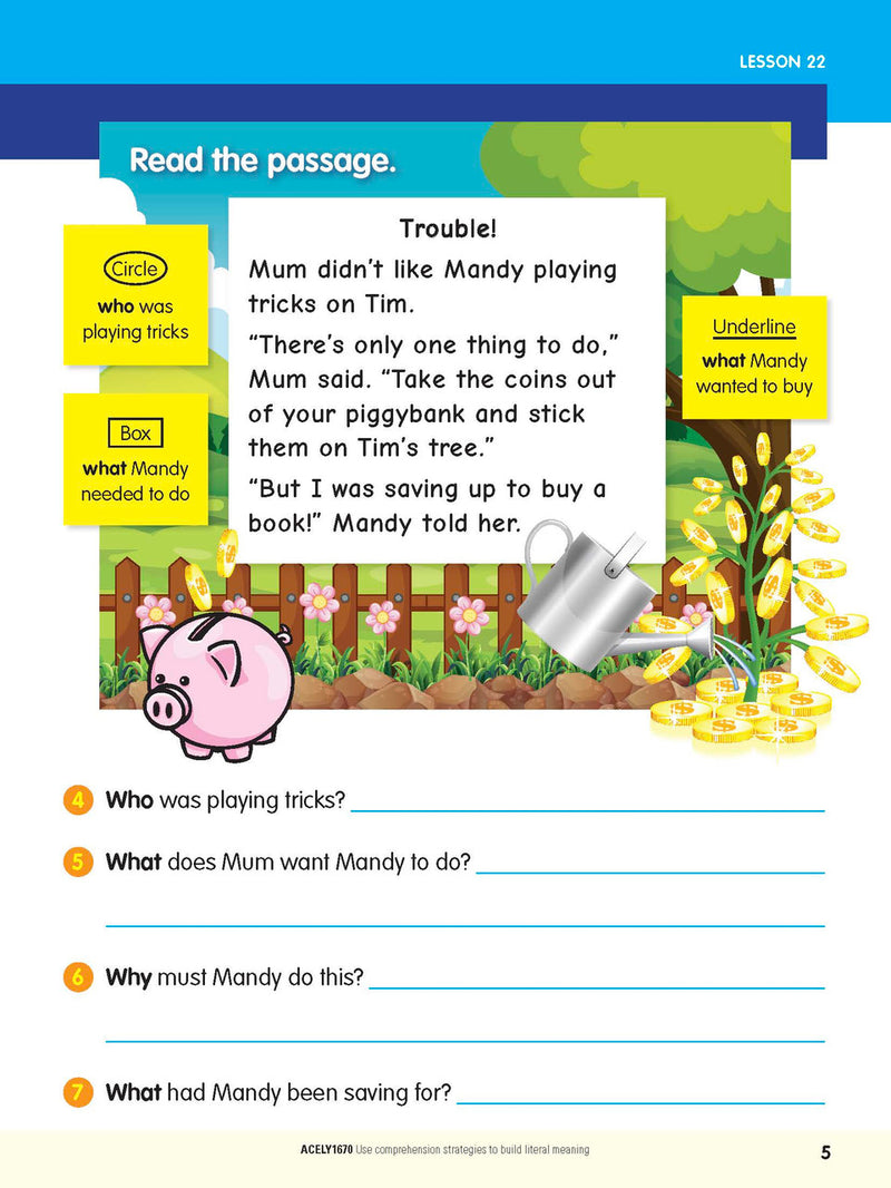 Interior activity page from the ABC Reading Eggspress Comprehension and Grammar Year 2 workbook, showing full-colour lesson activities