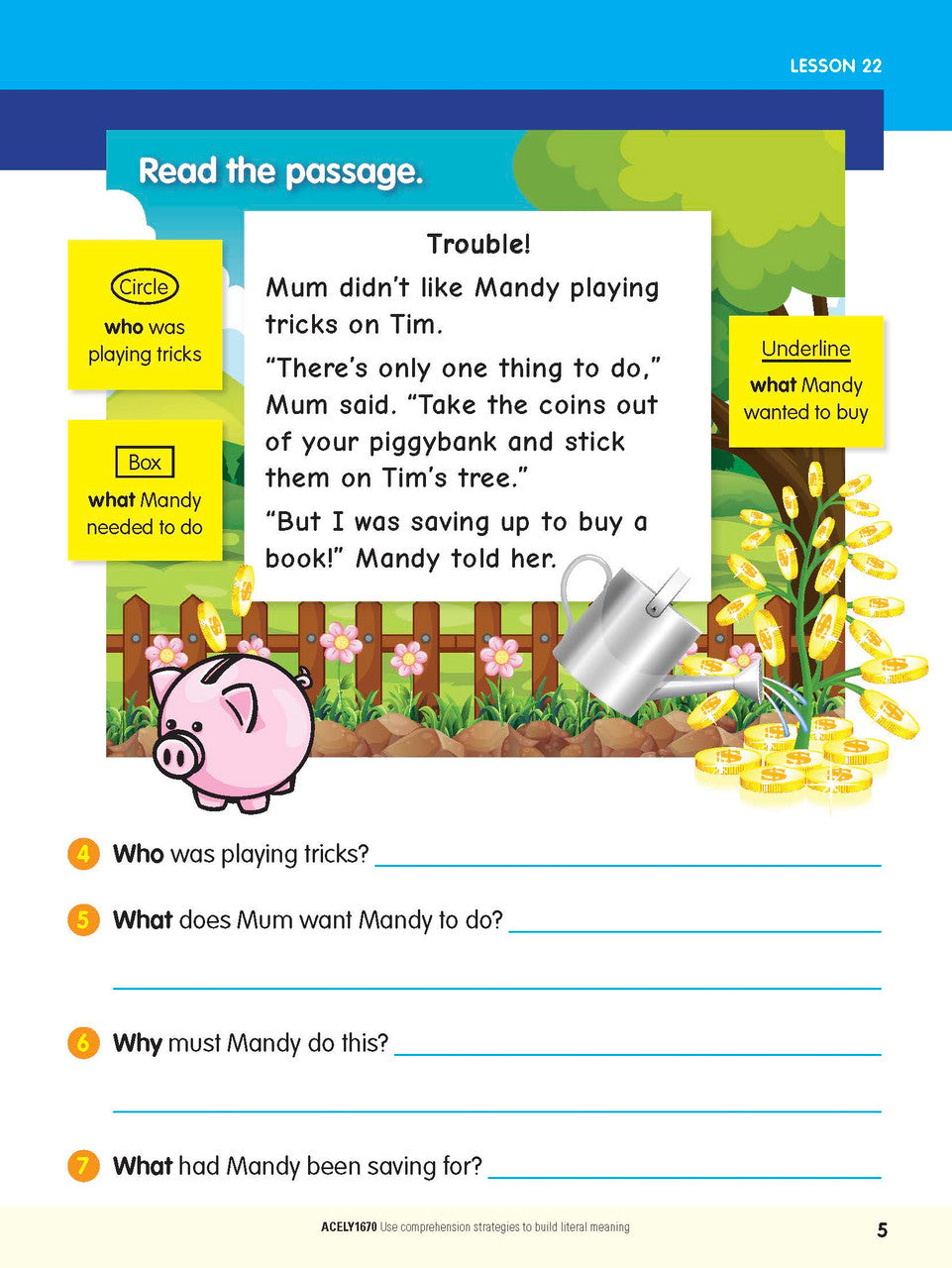 Interior activity page from the ABC Reading Eggspress Comprehension and Grammar Year 2 workbook, showing full-colour lesson activities