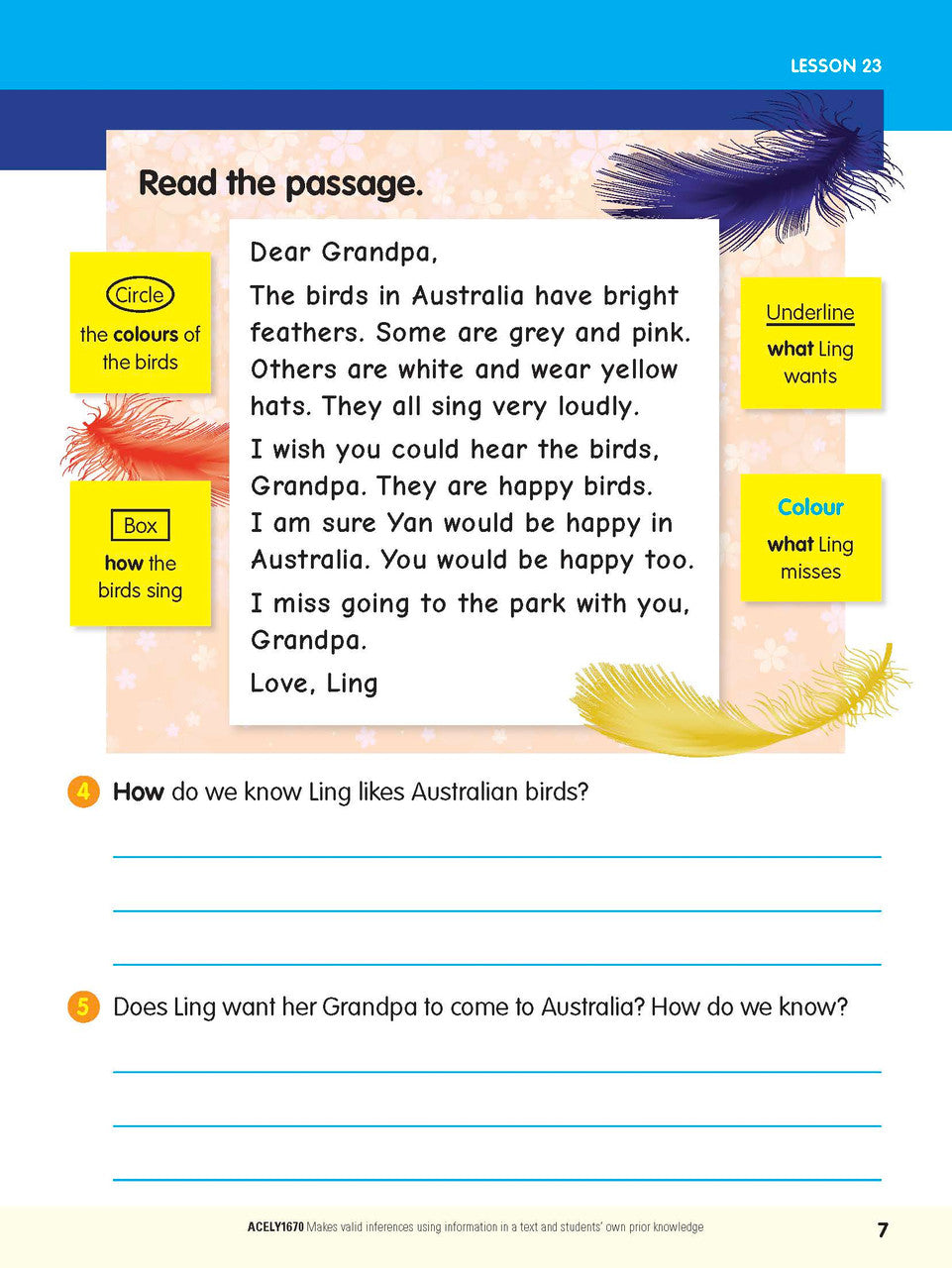 Example lesson worksheet from the ABC Reading Eggspress Comprehension and Grammar Year 2 workbook, showing full-colour lesson activities