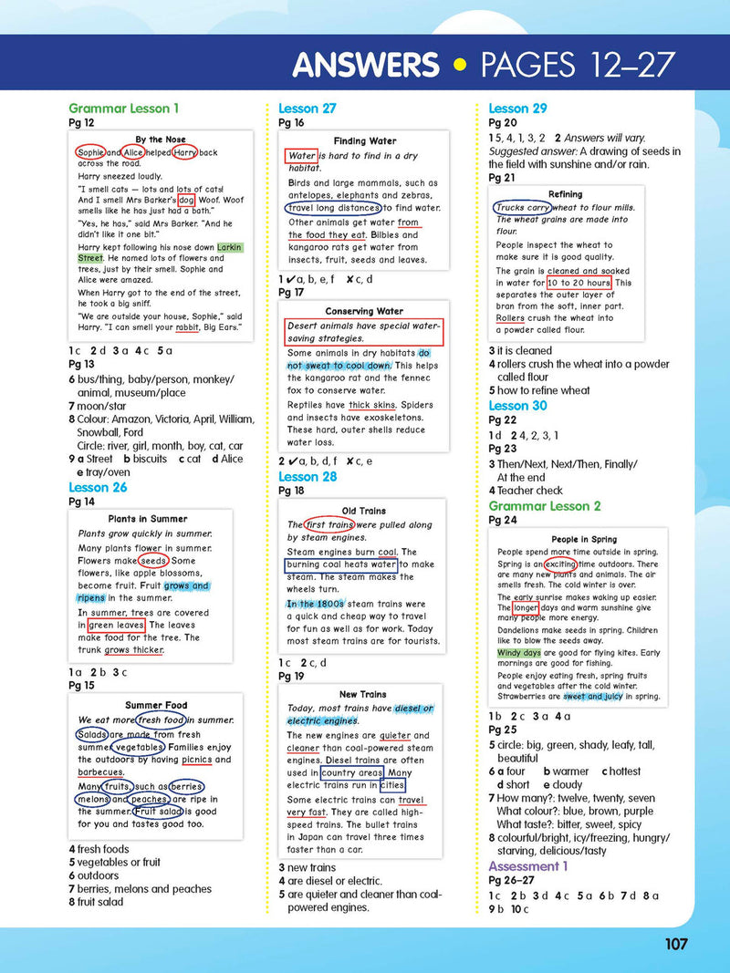 Sample practice page from the ABC Reading Eggspress Comprehension and Grammar Year 2 workbook, showing full-colour lesson activities