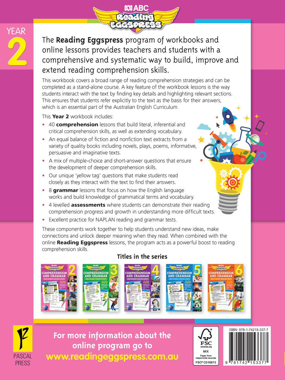 Interior activity page from the ABC Reading Eggspress Comprehension and Grammar Year 2 workbook, showing full-colour lesson activities