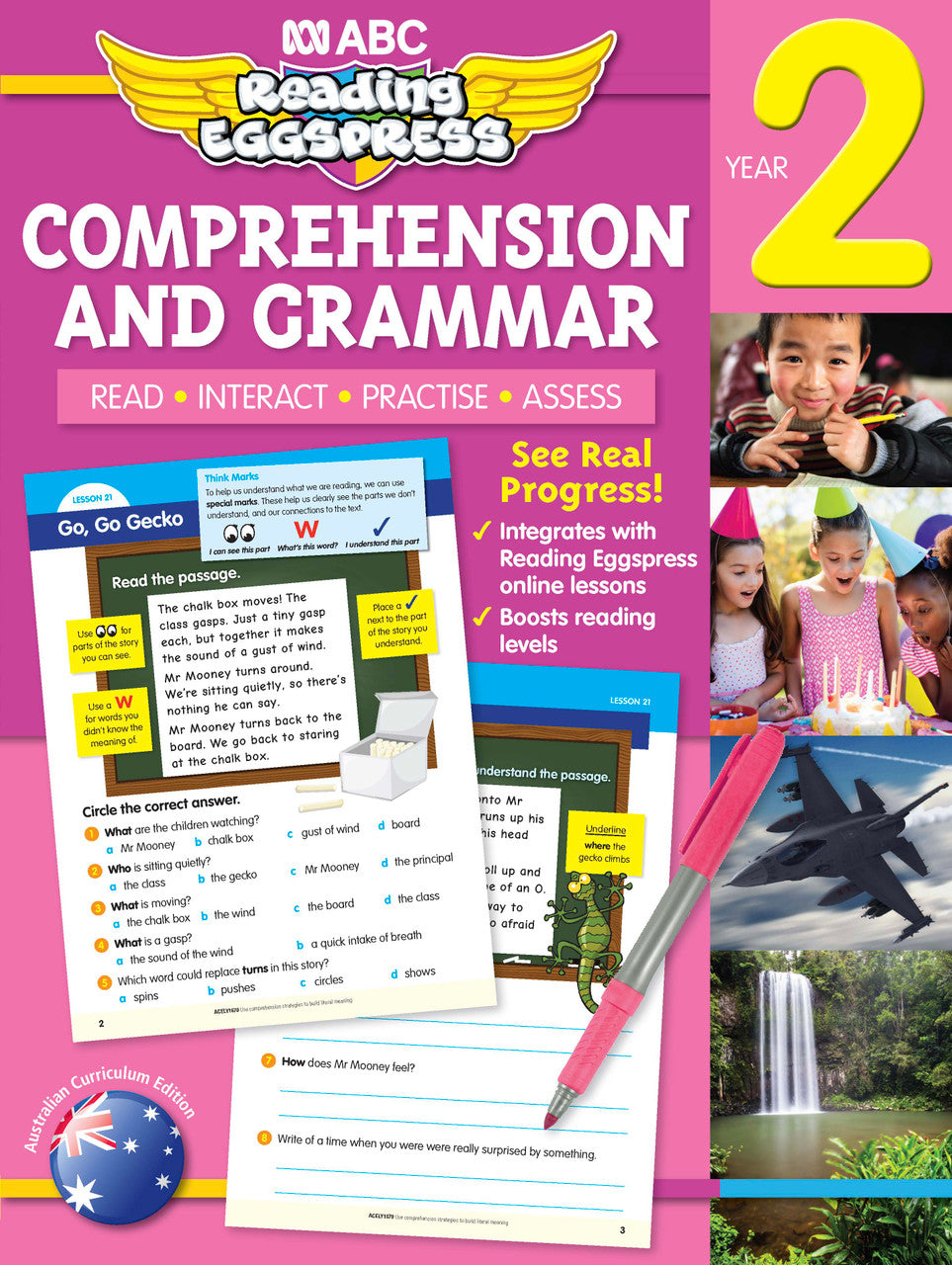 Front cover of the ABC Reading Eggspress Comprehension and Grammar Year 2 workbook, showing the series branding and title