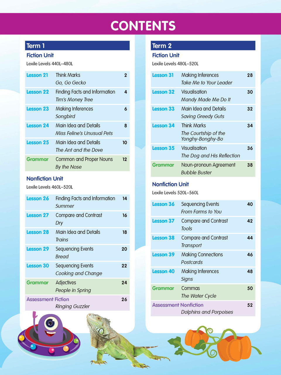 Sample interior page from the ABC Reading Eggspress Comprehension and Grammar Year 2 workbook, showing full-colour lesson activities