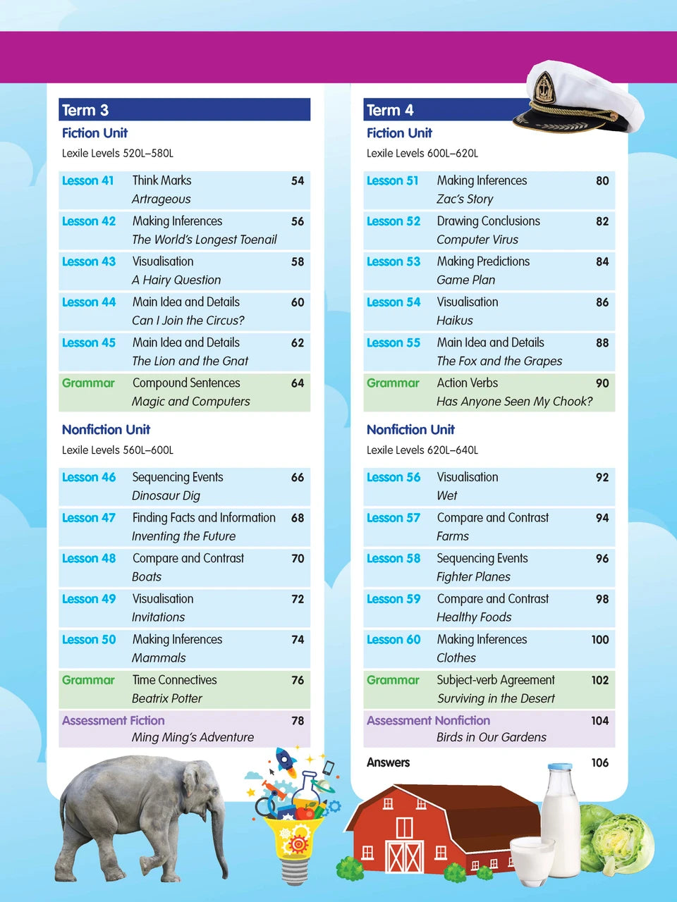 Example lesson worksheet from the ABC Reading Eggspress Comprehension and Grammar Year 2 workbook, showing full-colour lesson activities