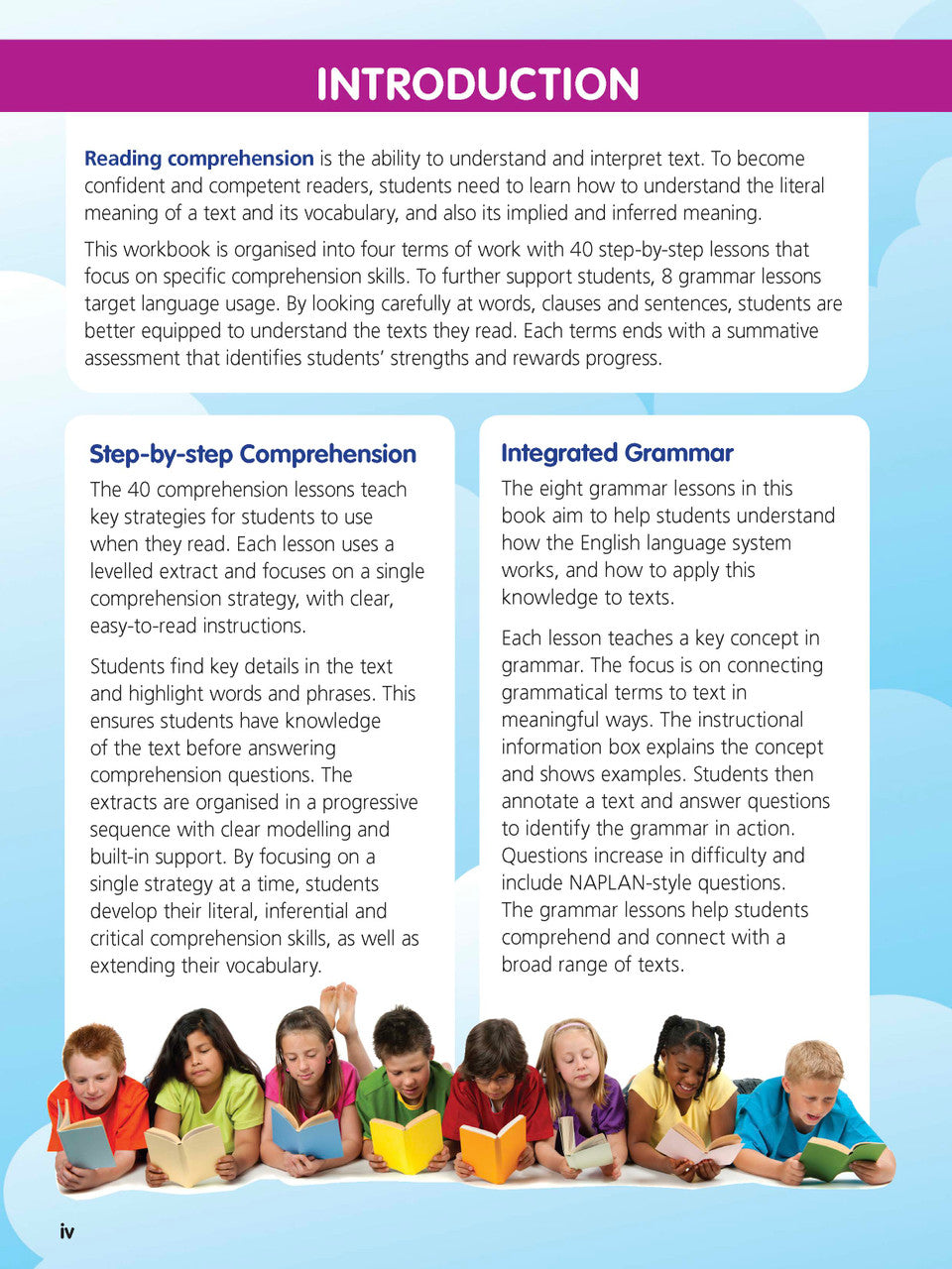 Inside page preview from the ABC Reading Eggspress Comprehension and Grammar Year 2 workbook, showing full-colour lesson activities