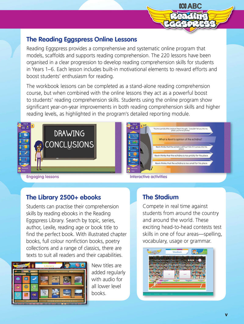Sample practice page from the ABC Reading Eggspress Comprehension and Grammar Year 2 workbook, showing full-colour lesson activities