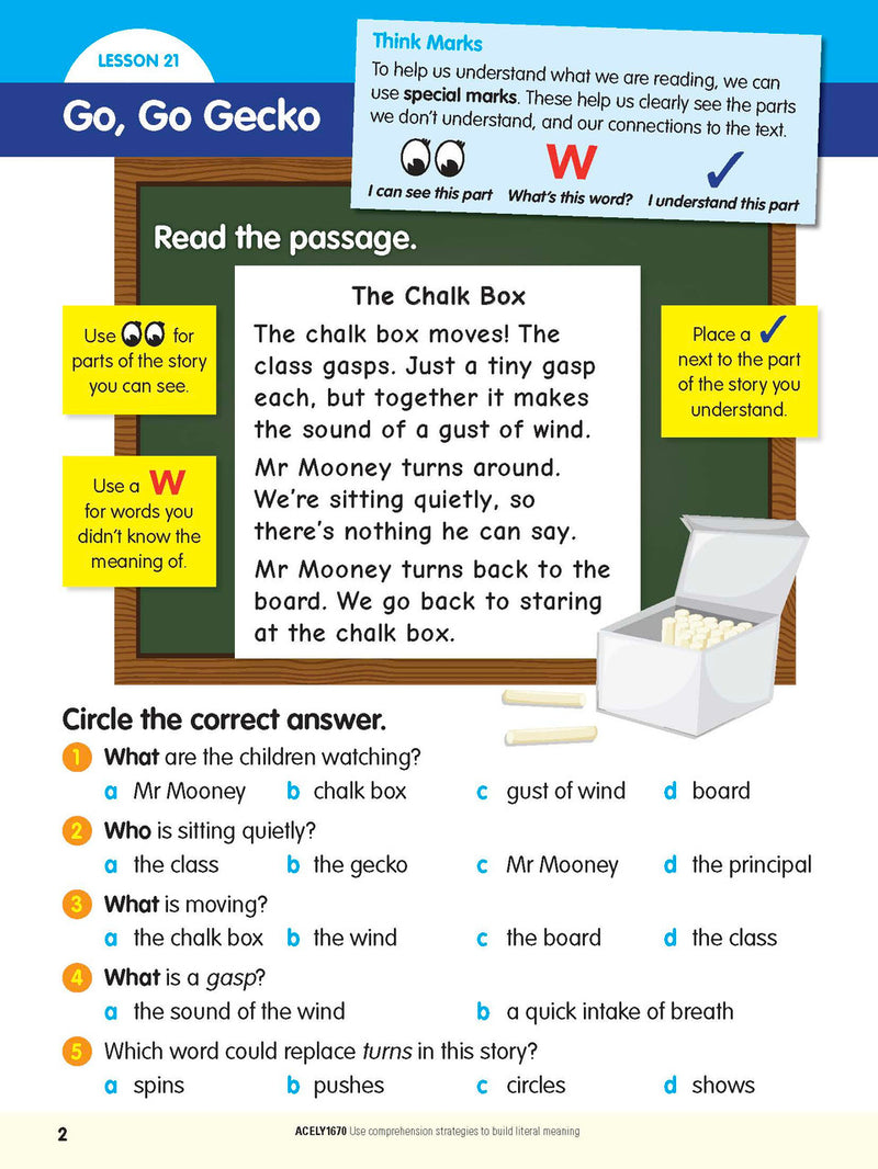 Example lesson worksheet from the ABC Reading Eggspress Comprehension and Grammar Year 2 workbook, showing full-colour lesson activities