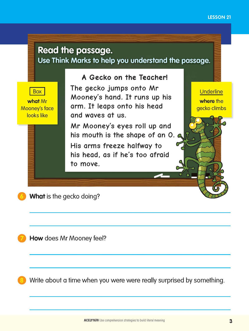 Inside page preview from the ABC Reading Eggspress Comprehension and Grammar Year 2 workbook, showing full-colour lesson activities