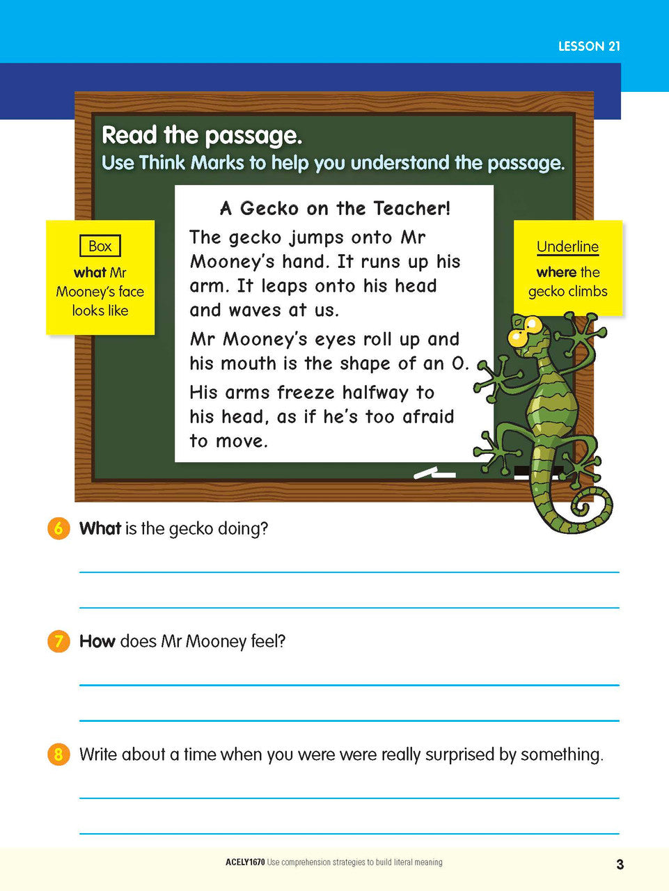 Inside page preview from the ABC Reading Eggspress Comprehension and Grammar Year 2 workbook, showing full-colour lesson activities
