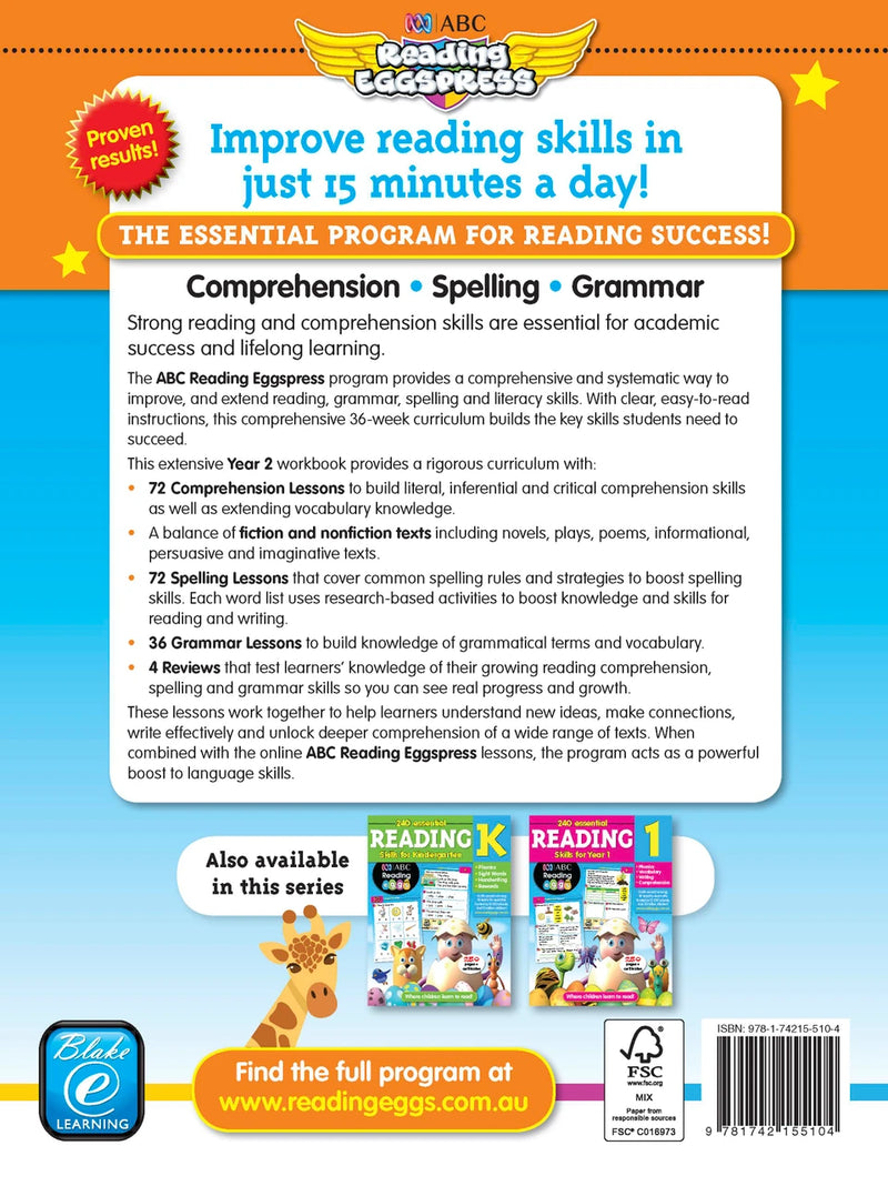 Sample practice page from the ABC Reading Eggspress Reading Skills Year 2 workbook, showing full-colour lesson activities