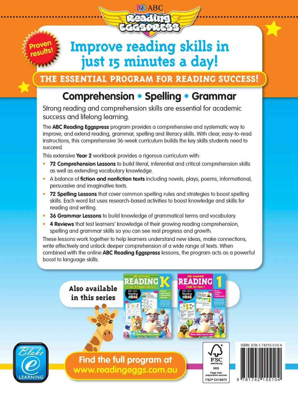Sample practice page from the ABC Reading Eggspress Reading Skills Year 2 workbook, showing full-colour lesson activities