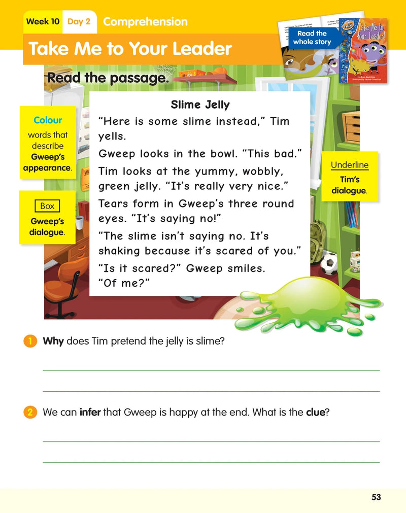 Example lesson worksheet from the ABC Reading Eggspress Reading Skills Year 2 workbook, showing full-colour lesson activities