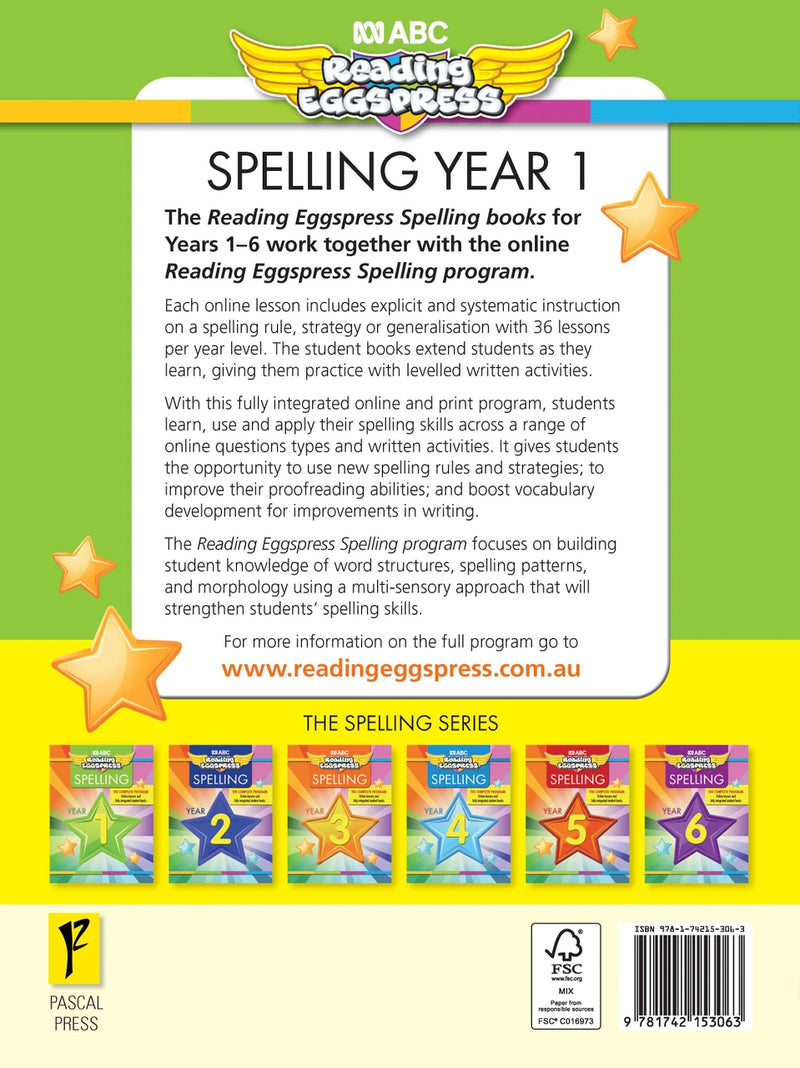 Sample interior page from the ABC Reading Eggspress Spelling Workbook Year 1, showing written spelling activities
