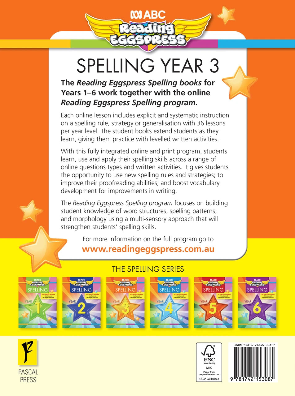 Sample interior page from the ABC Reading Eggspress Spelling Workbook Year 3, showing written spelling activities