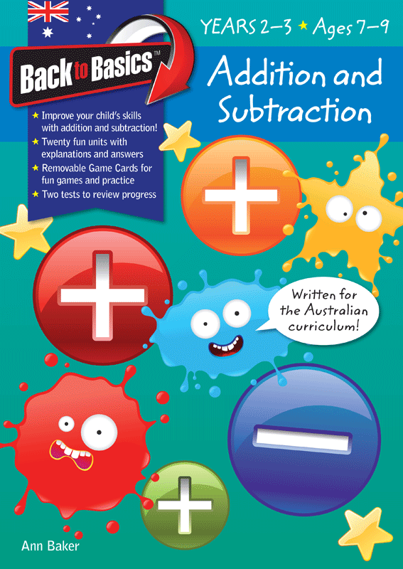 Front cover of the Blake's Back to Basics Addition and Subtraction Years 2-3 workbook from Pascal Press, shown as the main product image
