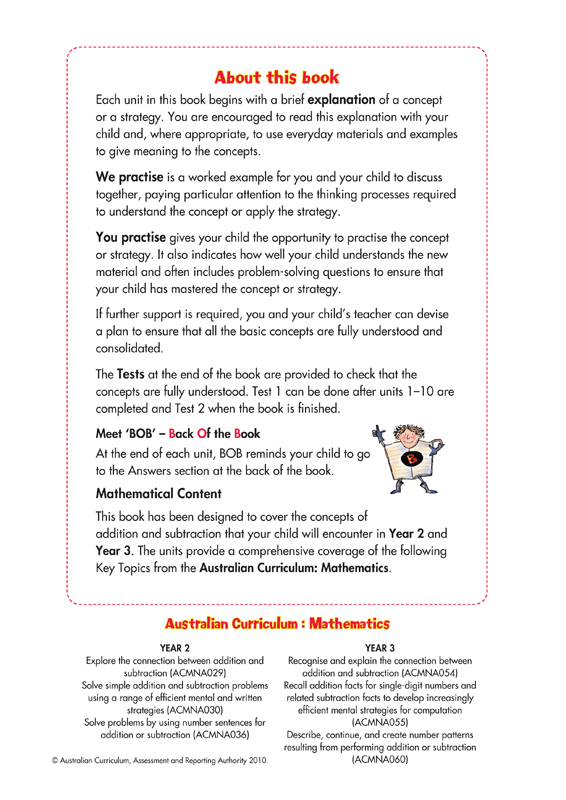 About this book page from the Blake's Back to Basics Addition and Subtraction Years 2-3 workbook explaining how each unit is set out