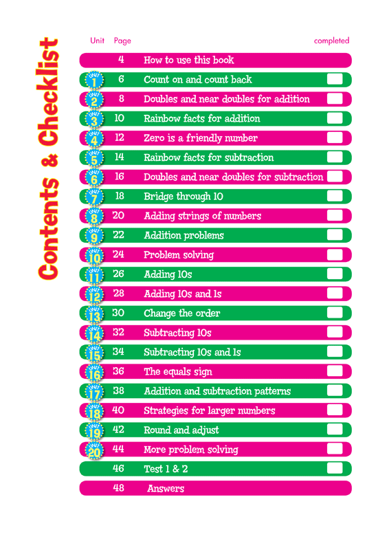 Contents page from the Blake's Back to Basics Addition and Subtraction Years 2-3 workbook listing the units in order