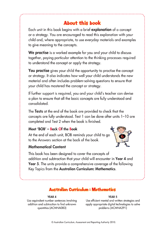 About this book page from the Blake's Back to Basics Addition and Subtraction Years 4-5 workbook explaining how each unit is set out