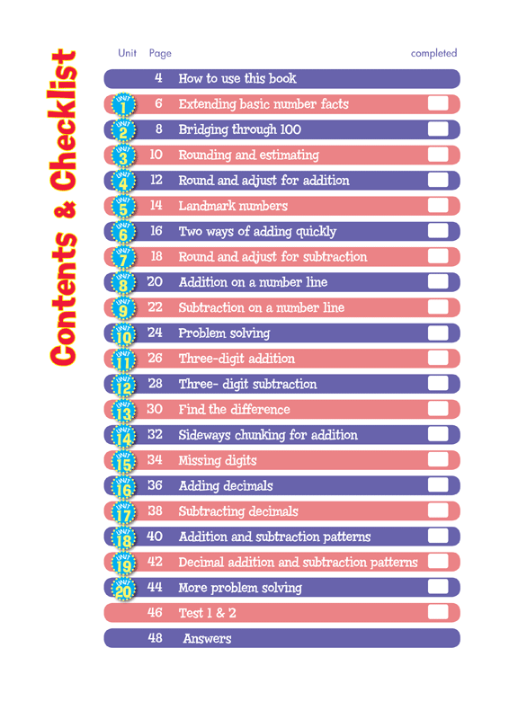 Contents page from the Blake's Back to Basics Addition and Subtraction Years 4-5 workbook listing the units in order