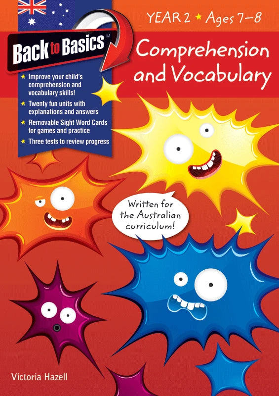 Front cover of the Blake's Back to Basics Comprehension and Vocabulary Year 2 workbook by Victoria Hazell, published by Pascal Press