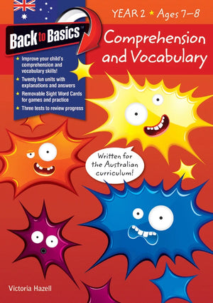 Front cover of the Blake's Back to Basics Comprehension and Vocabulary Year 2 workbook by Victoria Hazell, published by Pascal Press
