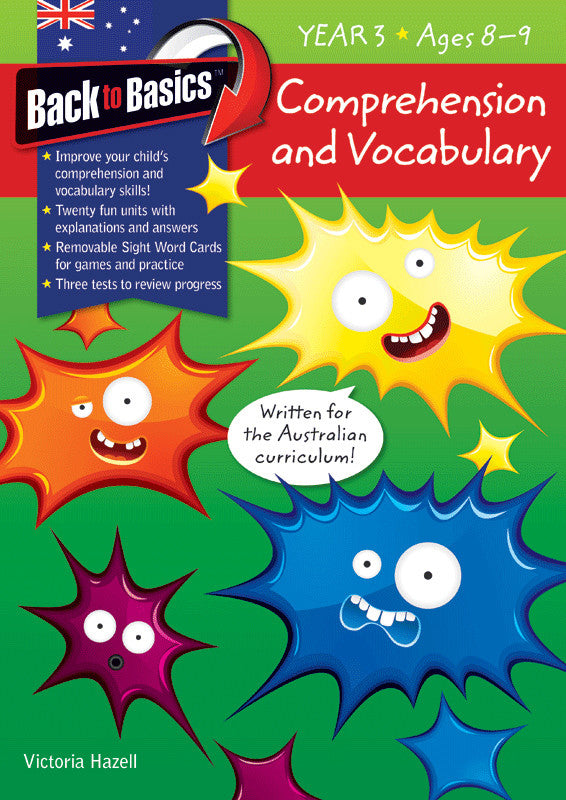 Front cover of the Blake's Back to Basics Comprehension and Vocabulary Year 3 workbook by Victoria Hazell, published by Pascal Press