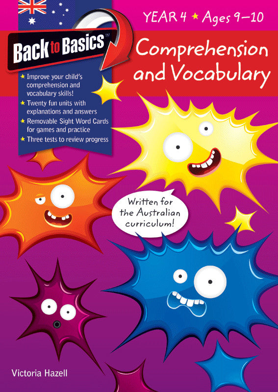 Front cover of the Blake's Back to Basics Comprehension and Vocabulary Year 4 workbook by Victoria Hazell, published by Pascal Press