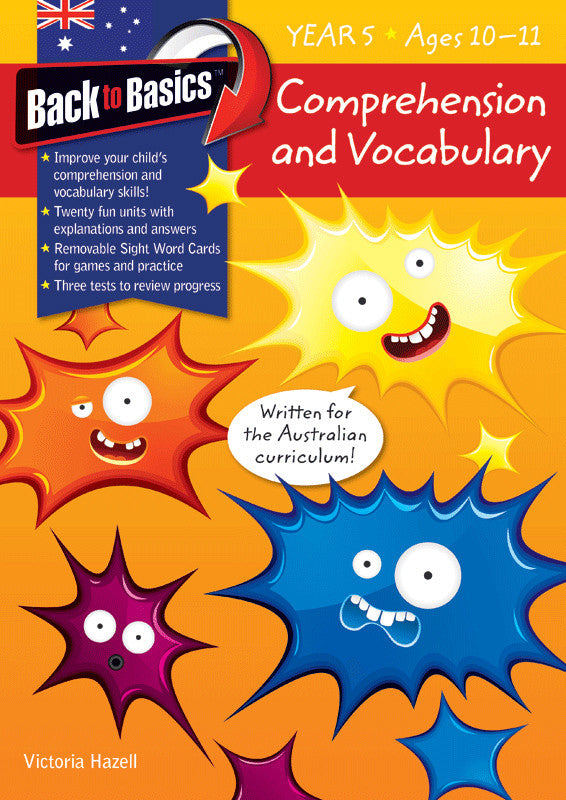 Front cover of the Blake's Back to Basics Comprehension and Vocabulary Year 5 workbook by Victoria Hazell, published by Pascal Press