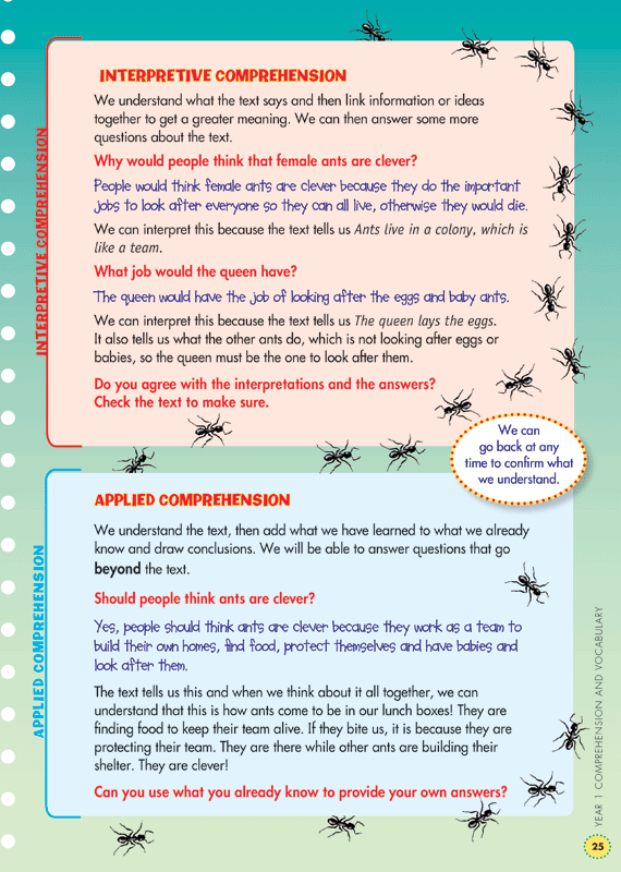 Sample interior page from the Blake's Back to Basics Comprehension and Vocabulary Year 1 workbook showing a unit of practice activities