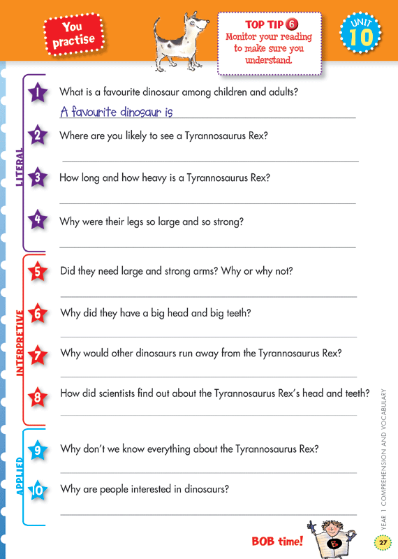 Sample interior page from the Blake's Back to Basics Comprehension and Vocabulary Year 1 workbook showing a unit of practice activities