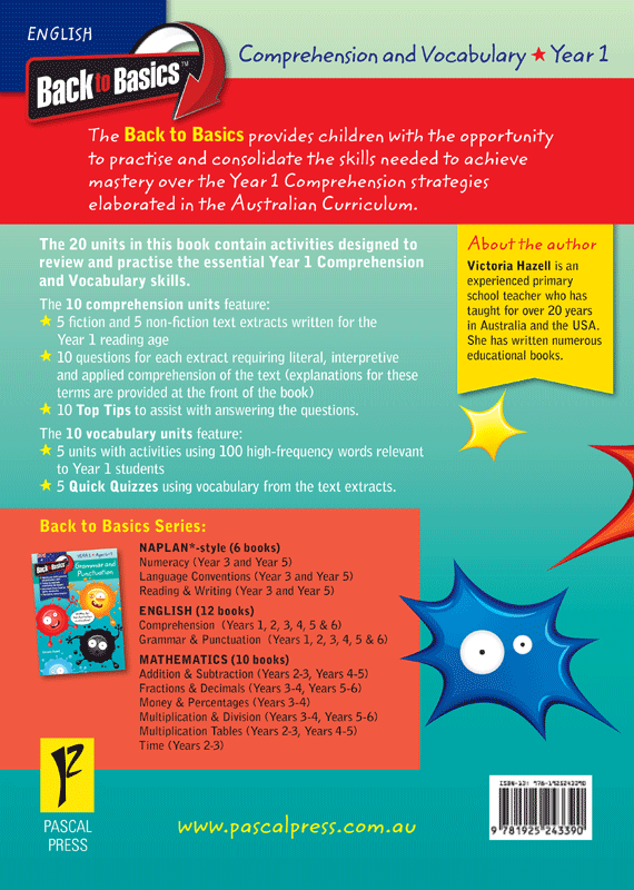 Back cover of the Blake's Back to Basics Comprehension and Vocabulary Year 1 workbook from Pascal Press, with the series blurb